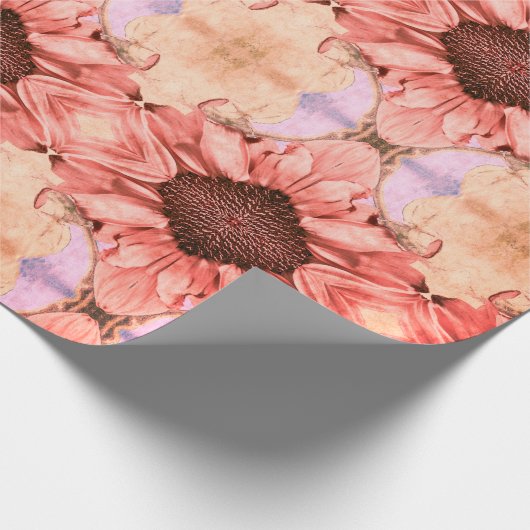 秋のひまわりピンクのオレンジ色フローラ水彩 ラッピングペーパー (角)