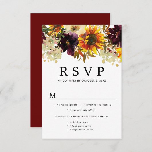秋のひまわりフローラRSVPカード、食事のオプション 出欠カード (正面/裏面)