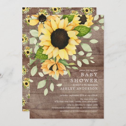 秋のひまわり素朴フローラ赤ちゃんシャワー 招待状 (正面/裏面)