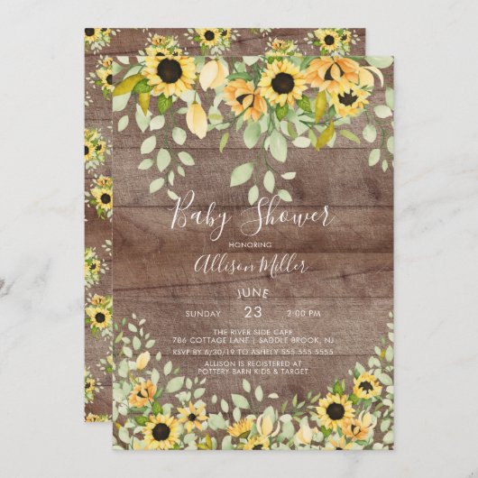 秋のひまわり素朴フローラ赤ちゃんシャワー 招待状 (正面/裏面)