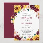 秋のひまわり 赤いバラ 花のウェディング 招待状 (正面/裏面)