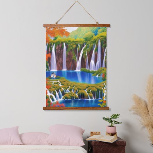 秋のアートのクロアチアの滝、プリツヴィツェ湖 吊り下げ型タペストリー (寝室)