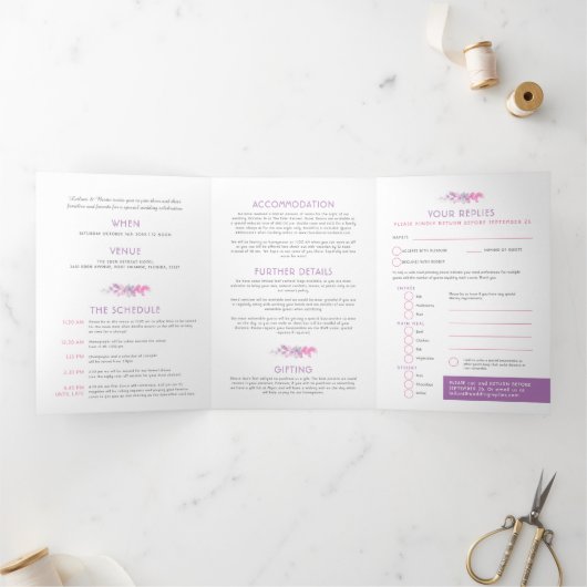 秋のインディゴ水彩画の結婚式オールインワン 三つ折り招待状 (内部)