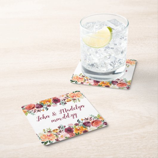 秋のウェディングレセプションウォーターパーソナライズされたカラー スクエアペーパーコースター (インサイチュ)