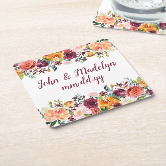 秋のウェディングレセプションウォーターパーソナライズされたカラー スクエアペーパーコースター (アングル)