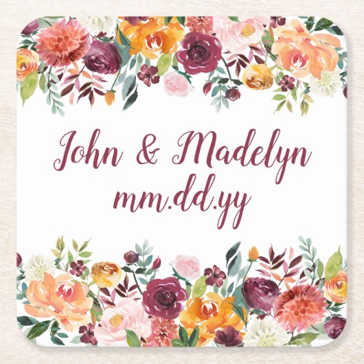 秋のウェディングレセプションウォーターパーソナライズされたカラー スクエアペーパーコースター (正面)