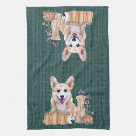 秋のウェルシュコーギーの子犬 キッチンタオル (縦)