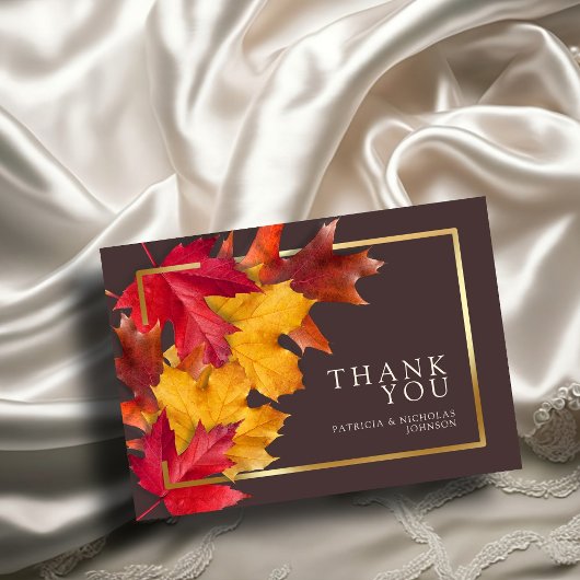 秋のウッディブラウン&エレガントゴールデンフレ結婚ーム サンキューカード