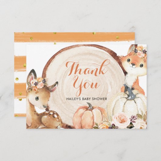 秋のウッドランドガールベビーシャワーサンキューカード サンキューカード (正面/裏面)