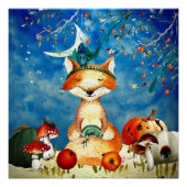 秋のウッドランドフレンズキツネフォレストイラストレーション ポスター (正面)