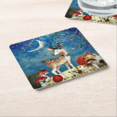 秋のウッドランドフレンズディアフォレストイラストレーション スクエアペーパーコースター (アングル)