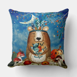 秋のウッドランドフレンズベアーフォレストイラストレーション クッション