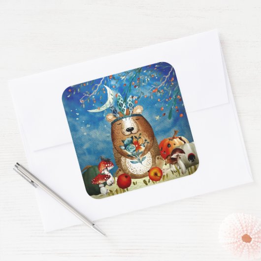 秋のウッドランドフレンズベアーフォレストイラストレーション スクエアシール (封筒)