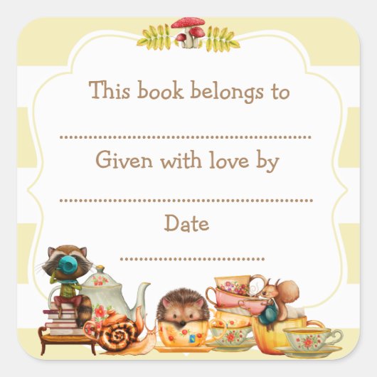 秋のウッドランドベビーシャワー蔵書票シール スクエアシール (正面)