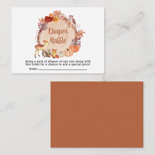 秋のウッドランド動物おむつラッフルベビーシャワー エンクロージャーカード (正面/裏面)