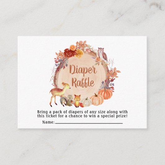 秋のウッドランド動物おむつラッフルベビーシャワー エンクロージャーカード (正面)