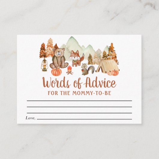 秋のウッドランド動物の言葉アドバイス赤ちゃんシャワー エンクロージャーカード (正面)