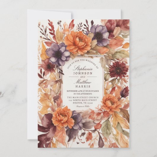 秋のエレガンスウォーターカラー結婚フローラ 招待状 (正面)