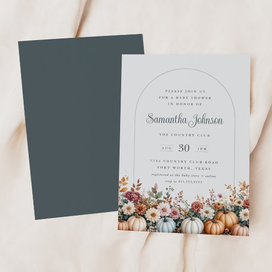 秋のエレガントかぼちゃと花模様の赤ちゃんシャワー 招待状