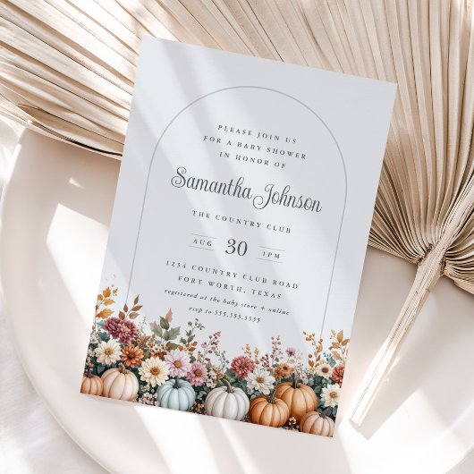 秋のエレガントかぼちゃと花模様の赤ちゃんシャワー 招待状
