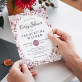 秋のエレガントな紫の花と葉のベイビーシャワー 招待状