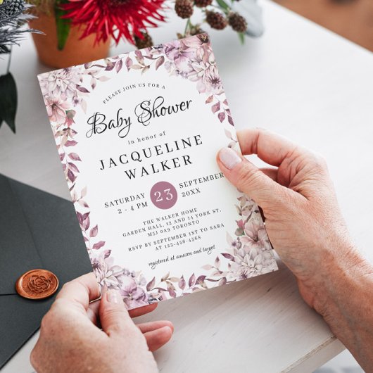 秋のエレガントな紫の花と葉のベイビーシャワー 招待状