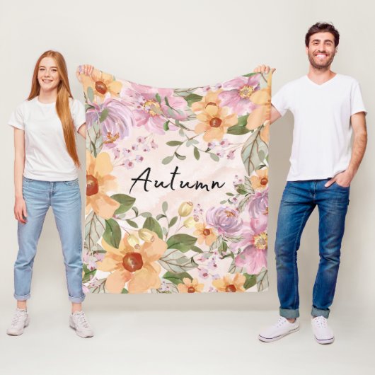 秋のエレガントフローラとスクリプトのピンクグリーン フリースブランケット (インサイチュ)