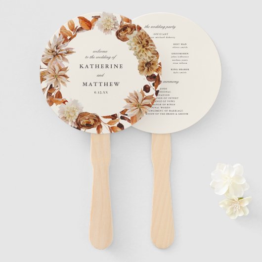 秋のエレガントフローラアーストーン結婚式 プログラム ハンドファン (正面&裏面)