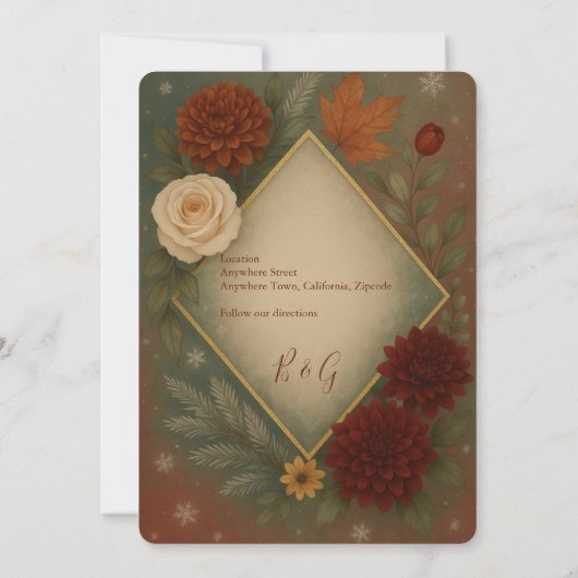 秋のエレガントフローラ結婚式の日付を保存 招待状 (裏面)