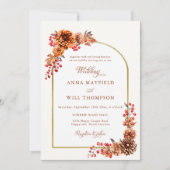 秋のエレガントフローラ金ゴールドボホフレーム結婚ズ 招待状 (正面)