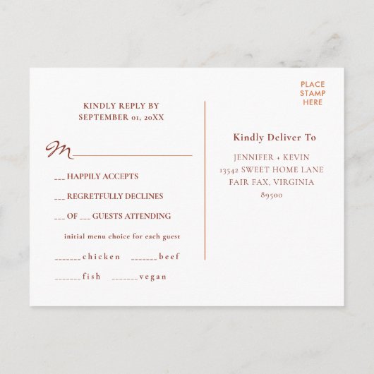 秋のエレガント地球トーンテラコッタウェディングRSVP ポストカード (裏面)