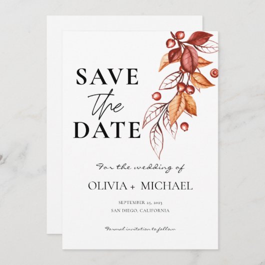 秋のエレガント水モダン色テラコッタ セーブザデート (正面/裏面)