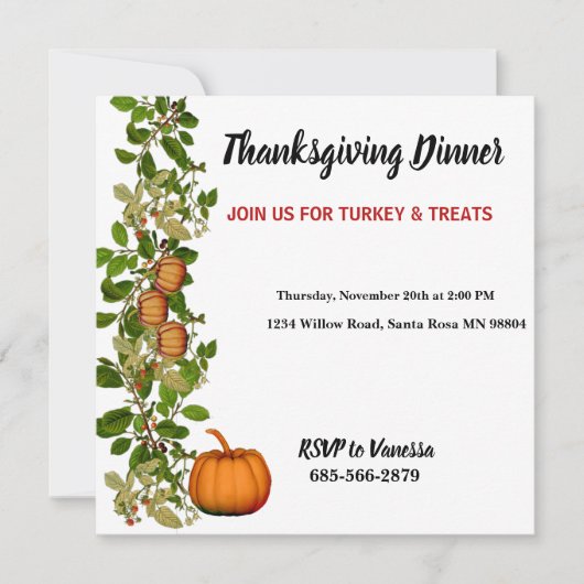 秋のエレガント秋の葉カボチャ感謝祭 招待状 (正面)