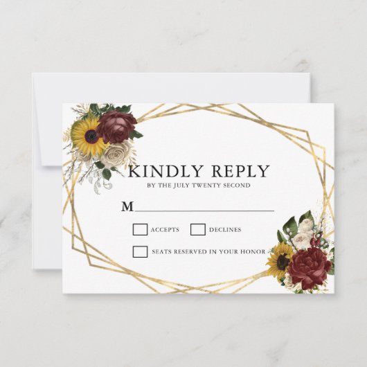 秋のエレガント花模様と幾何学模様結婚 出欠カード (正面)