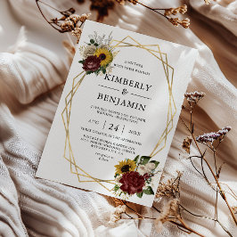 秋のエレガント花模様と幾何学模様結婚 招待状