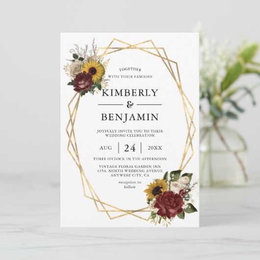 秋のエレガント花模様と幾何学模様結婚 招待状 (スタンド正面)