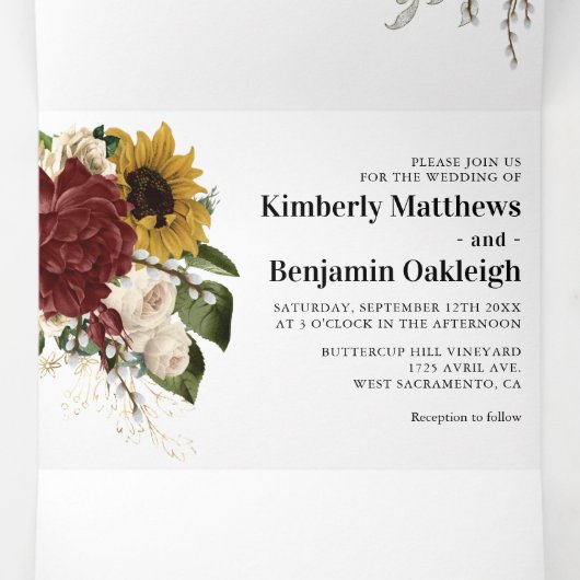 秋のエレガント花模様3イン1三つ結婚折 三つ折り招待状 (内部中)