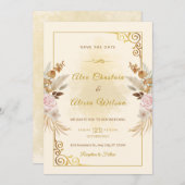 秋のエレガント赤面フローラ金ゴールドフレ結婚ーム 招待状 (正面/裏面)