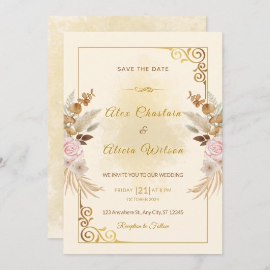 秋のエレガント赤面フローラ金ゴールドフレ結婚ーム 招待状 (正面/裏面)