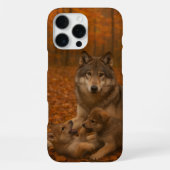 秋のオオカミ家族 森で遊ぶ子犬たち iPhoneケース (裏面)