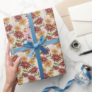 秋のオレンジとマルーンの花ギフト ラッピングペーパー