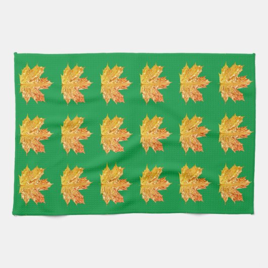 秋のオレンジと緑のカエデの葉の秋パターン キッチンタオル (横)