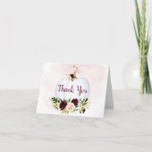 秋のオレンジ色のカボチャとピンクとバーガンディーの花のベイビーシャワー サンキューカード (正面)