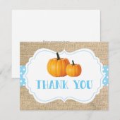 秋のオレンジ色のカボチャのブルーな麻の感謝カード サンキューカード (正面/裏面)