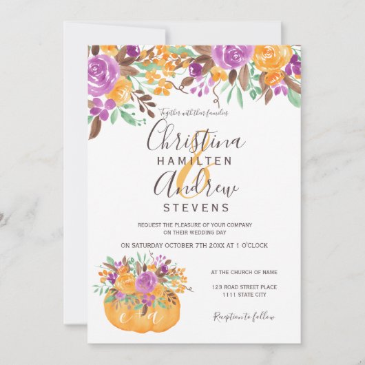 秋のオレンジ色のカボチャの花のフォトウェディング 招待状 (正面)