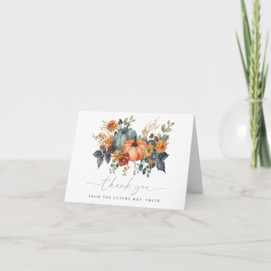 秋のオレンジ色のブライダルシャワー サンキューカード (正面)