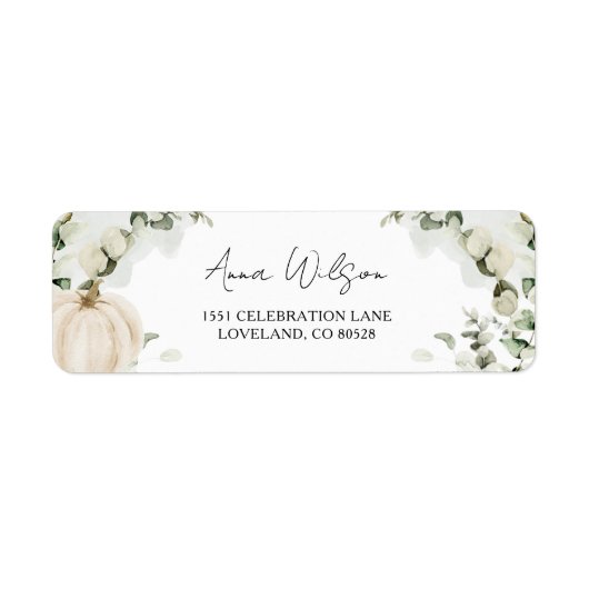 秋のオレンジ色の南瓜とユーカリの結婚式の返信住所ラベル ラベル (正面)
