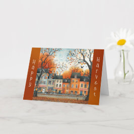 秋のオレンジ色の家 イラスト 感謝祭 カード