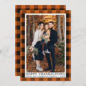秋のオレンジ色の格子模様の写真ハッピーサンクスギビング シーズンカード (正面/裏面)