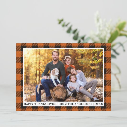 秋のオレンジ色の格子模様の幸せな感謝祭の写真 シーズンカード (スタンド正面)